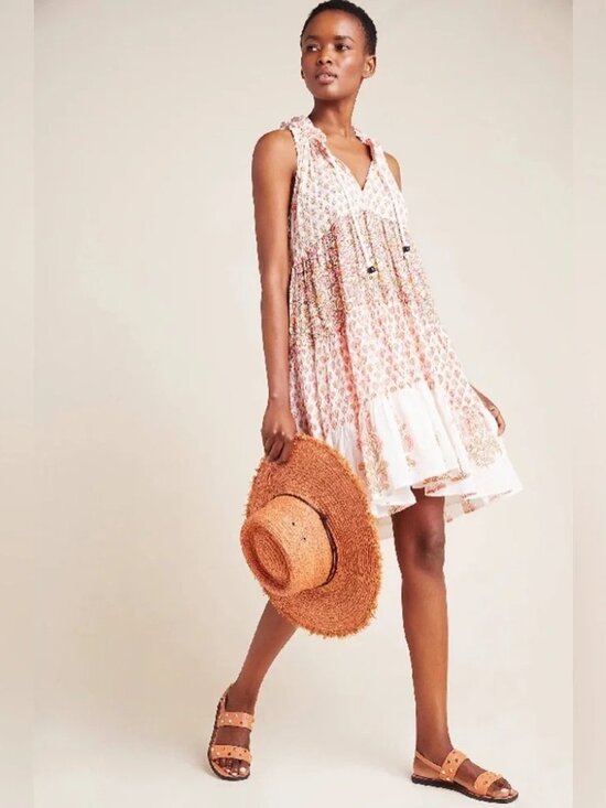 Ro's Garden Dresses & Skirts - Ro'S Garden Sophie Sleeveless Tiered Floral Boho Dress in Pink Cream Size S